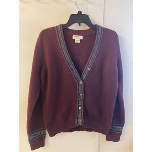 Eddie Bauer 100% Lambswool Sweater Burgundy Medium M Hong Kong VTG Cardigan